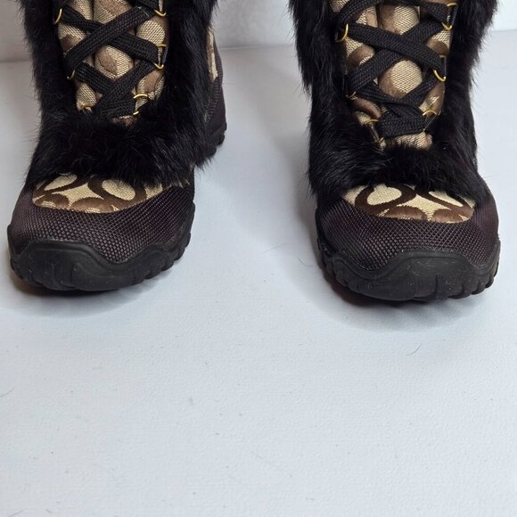 Coach Jennie Brown Khaki Signature Genuine Rabbit Fur Lace Up Boots Sz 6.5 Q522 - Picture 7 of 10